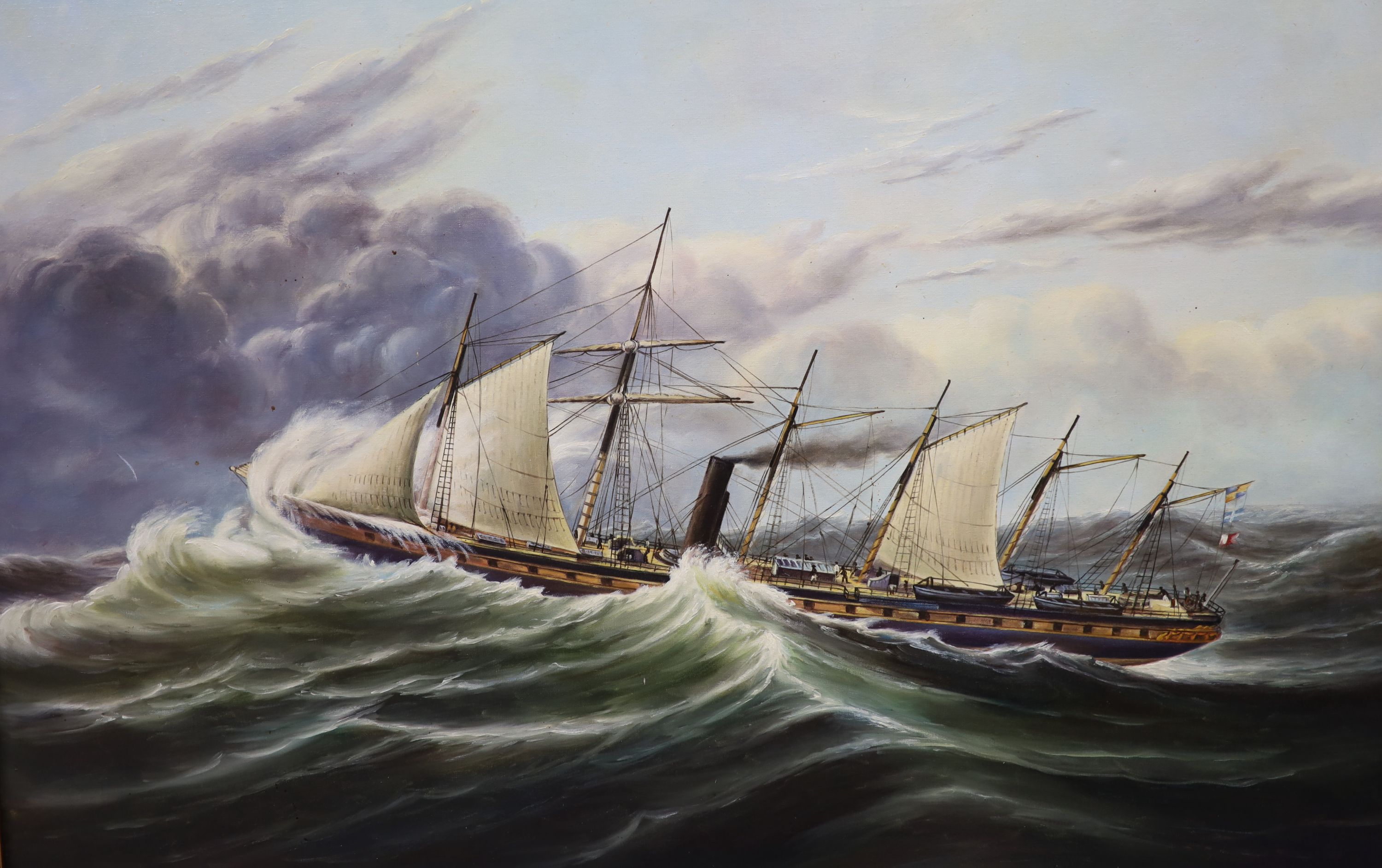 English School, oil on canvas, Steam and sail ship at sea, 60 x 91cm